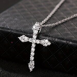 Cross Necklace Stainless Steel Elegant Ladder Square Design Synthetic Zirconia